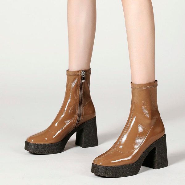 

boots fashion platform ankle autumn women shoes patent leather thick high heels winter zipper ladies, Black