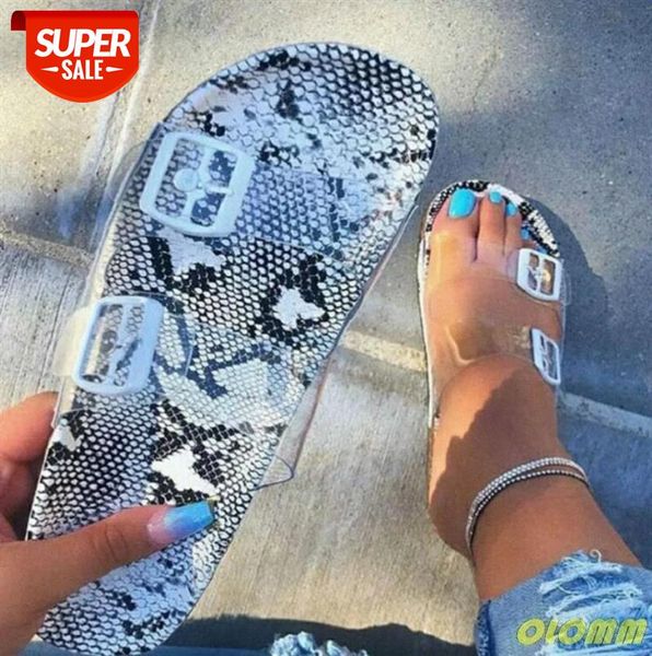 

clear shoes 2021 new summer open toe belt buckle flat slippers ladies snake shallow casual beach slide woman #vs61, Black