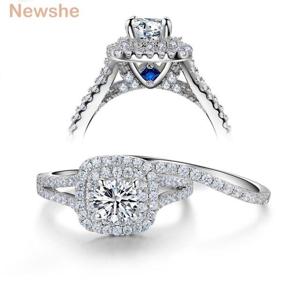

newshe 2 pcs solid 925 sterling silver women's wedding ring sets victorian style blue side stones classic jewelry for women, Golden;silver
