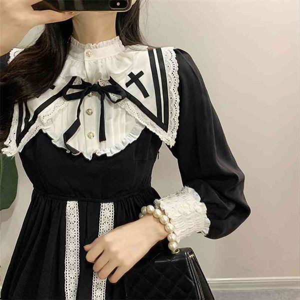 

japanese lolita dress women gothic kawaii midi female lace-up ruffles vintage sweet korean women's autumn 210519, Black;gray