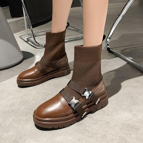 

boots winter women warm knitting sock botas 2021 mid heels ankle motorcycle fashion female chunky platform lady zapatos, Black