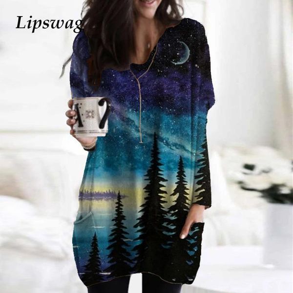 

women starry forest print shirt blouse elegant autumn long sleeve casual lady o-neck pocket blusa pullover 3xl women's blouses & shirt, White