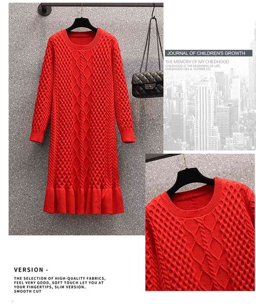 

2021 a line autumn winter elegant red knitted sweater vintage women long sleeve o-neck sweet ruffles mermaid dress robe, Black;gray