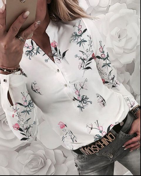 

floral v neck long women shirts sleeved printed autumn spring casual, White
