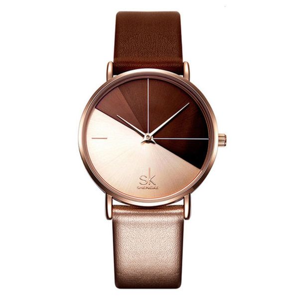 

7a+shengke quality quartz movement watches leather strap dress wrsitwatch gold watchband ultra thin dial gift swiss, Slivery;brown