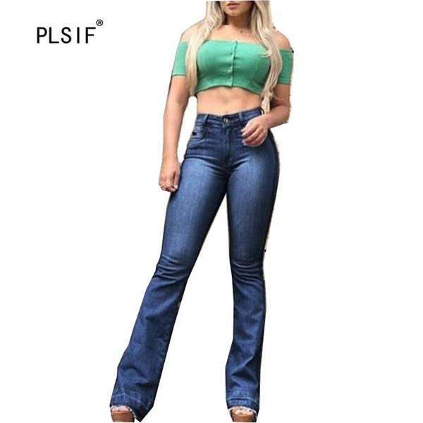 

women's jeans high waist slim lady long european street 3 color fashion denim female flare pants, Blue