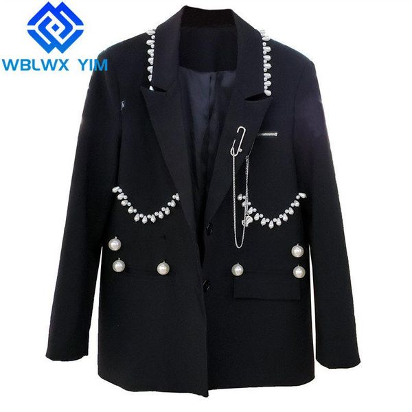 

women's suits & blazers blazer jacket women beaded single breasted fashion iron chain decoration suit streetwear coat female, White;black