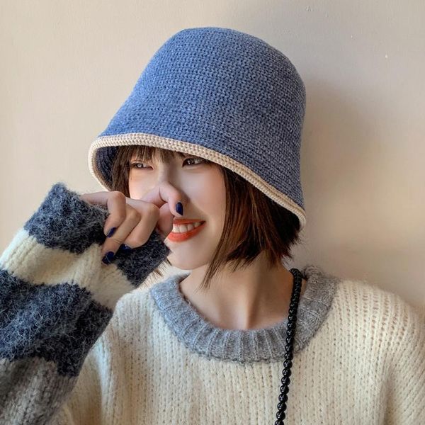 

wide brim hats female knitting bucket harajuku hat fishing outdoor panama hip hop cap women's winter for fisherman women autumn, Blue;gray