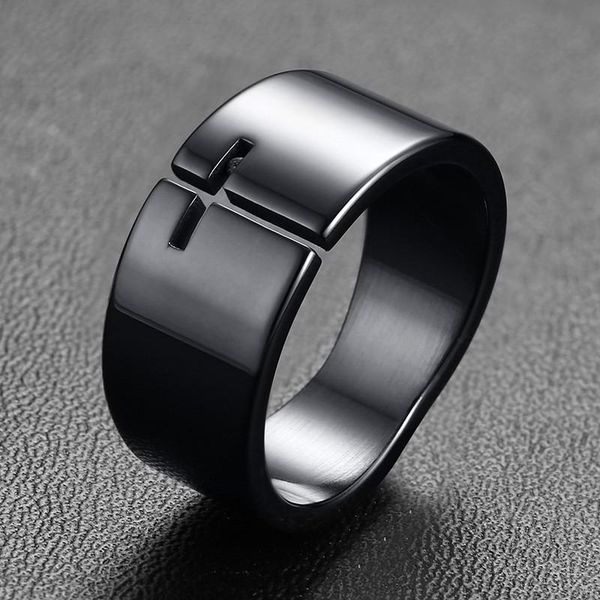 

cluster rings zorcvens 2021 brand punk vintage cross men's ring stainless steel 10mm black tone fashion rocker, Golden;silver