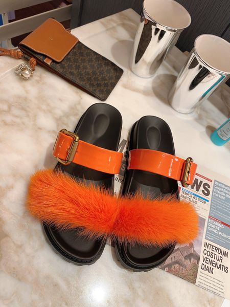 

Plush + leather combination women's slippers summer outdoor designer flat slippers Comfortable and convenient women's sandals, Orange