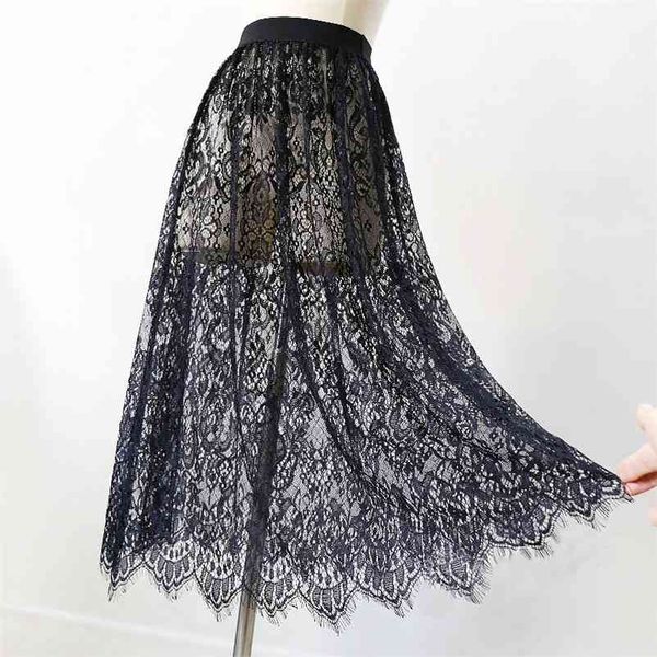 Женщины сексуальные сетки кружева прозрачный длинный тюль юбка корейский мода летние дамы упругая высокая талия черный белый пляж MIDI 210421