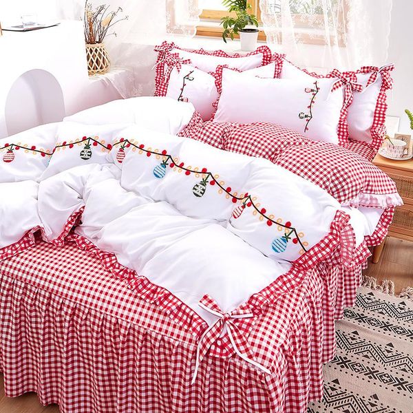 

bedding sets plaid bed skirt embroidered four-piece princess style bow quilt cover double/single single summer pink pillowcase sheets