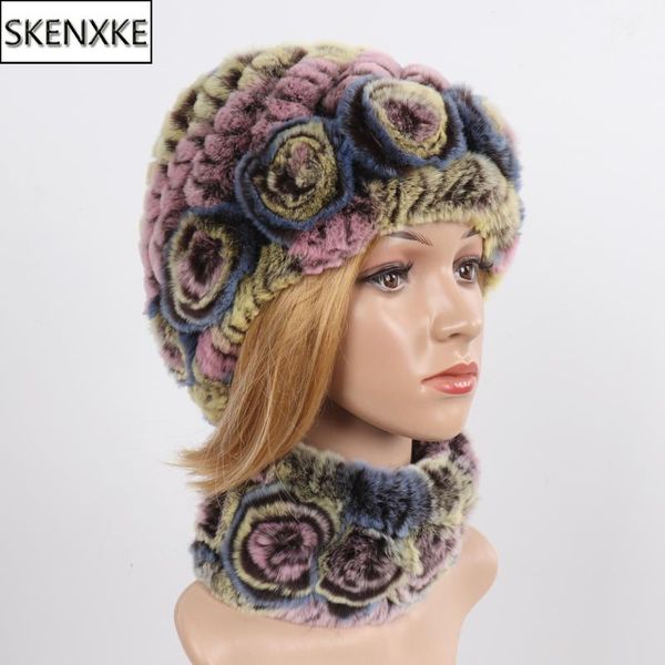 

hats, scarves & gloves sets women winter warm real rex fur hat lady knit cap muffler russia scarf 2 pieces, Blue;gray