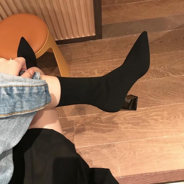

boots pointed toe sock knitting botas thick high heels slip on stretch short booties black elastic winter casual party shoes