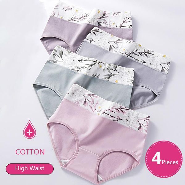 

women's panties 4pcs/lot high waist breathable cotton underwear lovely print seamless briefs girls soft underpants, Black;pink