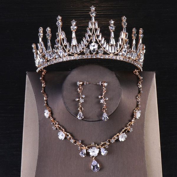 

other european style baroque crown necklace earrings three-piece bridal birthday party queen wedding hair jewelry, Golden;white