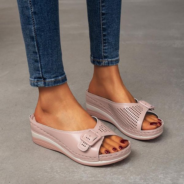 

slippers casual shoes woman 2021 low pantofle platform on a wedge luxury soft summer rome leisure slides fashion basic pu fa, Black