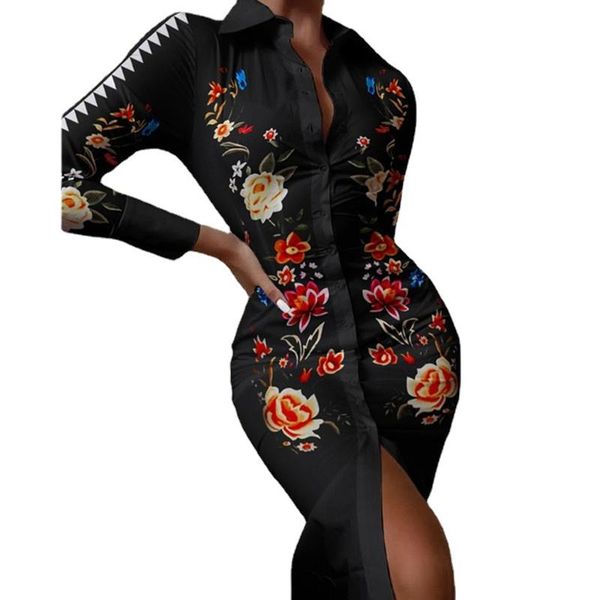 

casual dresses autumn 2021 women long sleeve mid dress fashion print shirts elegant ladies splice shirt irregular party, Black;gray