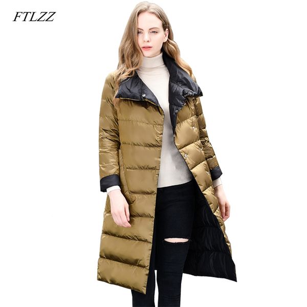 

fltzz winter women light thin jacket office lady double sided 90% white duck down jackets overknee female warm outerwear 210423, Black