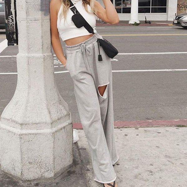 

women's pants & capris women high waist drawstring baggy straight solid color wide leg loose trousers ripped hole hip hop sweatpants st, Black;white