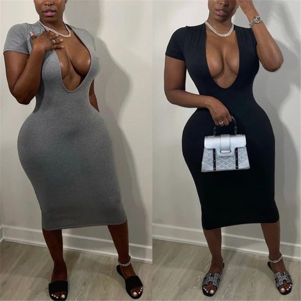 

casual dresses women summer slim-fit dress 2021 adults solid color u-shaped neck short sleeve bodycon, Black;gray