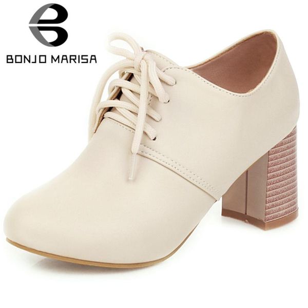 

dress shoes bonjomarisa spring ladies high block heels pumps office lace-up solid women classic ol heeled woman, Black