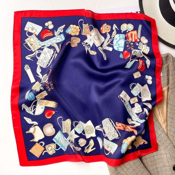 

new silk scarf small square towel womens striped minimalist refreshing pattern small silk scarf shawl hair band tied gro-bag no. 5, Blue;gray