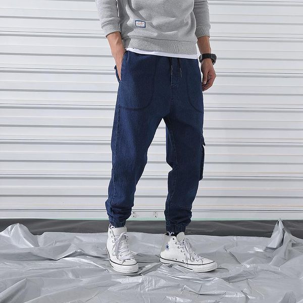 

men's jeans 2021 drawstring pants with large pocket plus velvet trousers casual and comfortable cotton tooling for men, Blue