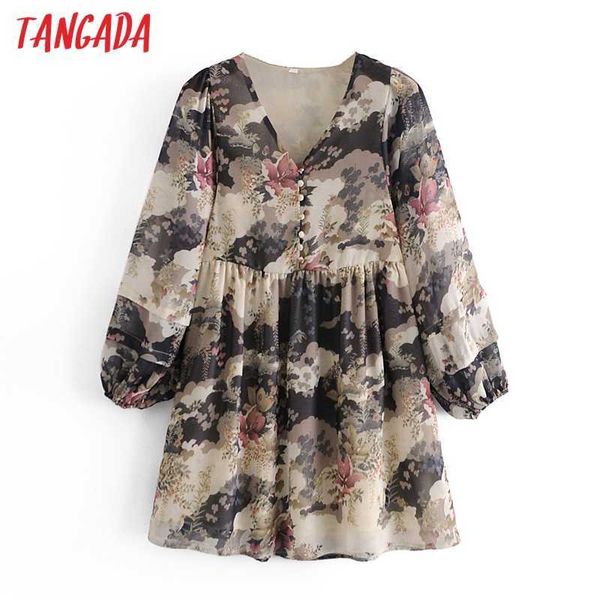 

tangada spring fashion women flowers print chiffon dress puff long sleeve casual female short dress 3a123 210609, Black;gray