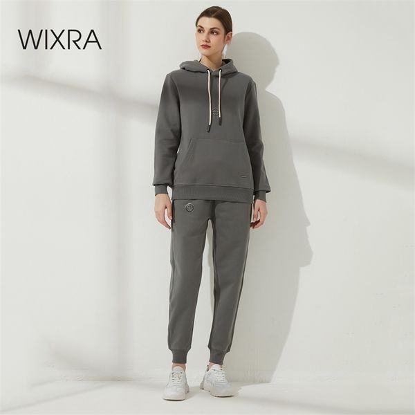 

wixra winter women oversize sweatshirts high-end 100% cotton heavy basic tracksuits for men warm fleece set 210729, Black