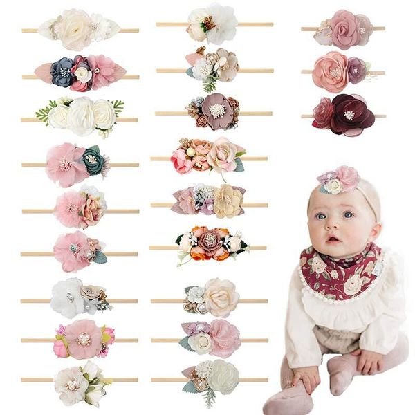 Flor Vintage Nylon Headband Bebê Meninas Headband Newborn Fotografia PROPS presentes Elastic Hair Bands Pearl Acessórios