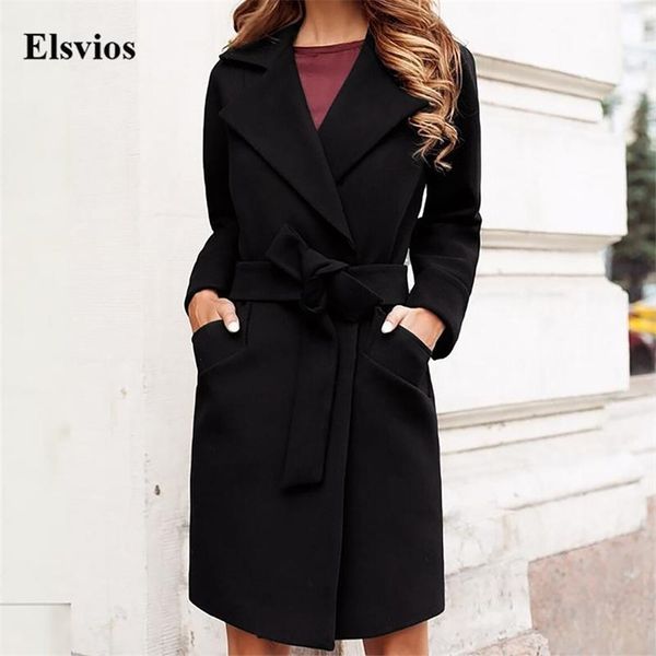 

autumn office turn-down collar lady overcoat fashion simple pocket solid belted cardigan outwear winter long sleeve women coats 211130, Black