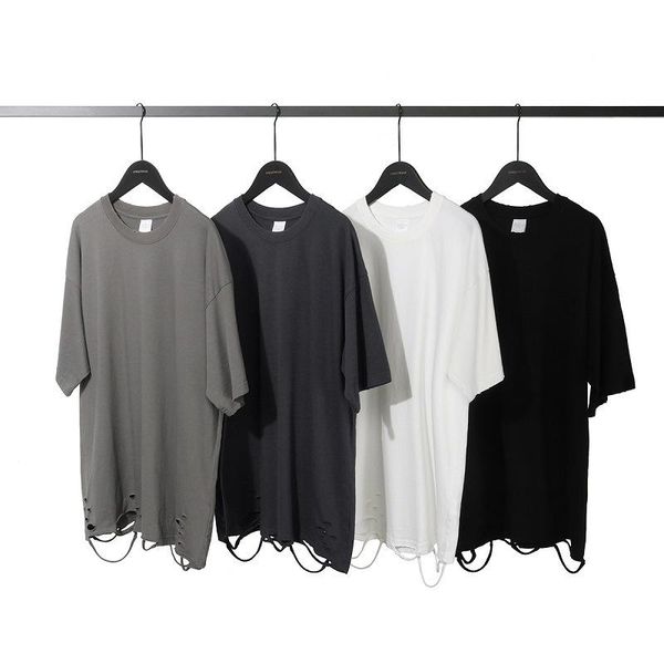 

men's t-shirts hole ripped men solid color loose o-neck collar short sleeve oversize caual tees hip hop summer, White;black