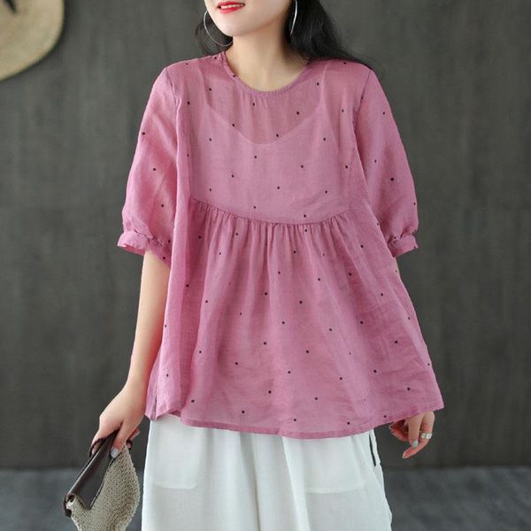 

women's blouses & shirts johnature cotton linen retro o-neck half sleeve polka dot shirt 2021 summer loose comfortable all-match women, White