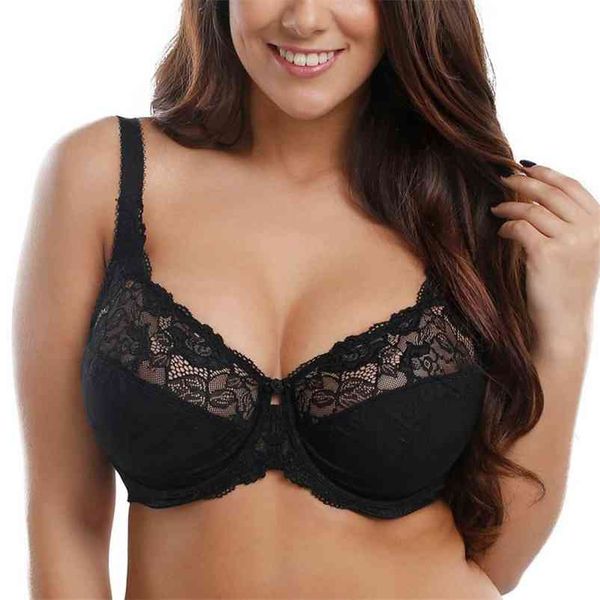 

women's full coverage jacquard non padded lace sheer underwire plus size bra 34-44 dd e f g h 210728, Red;black