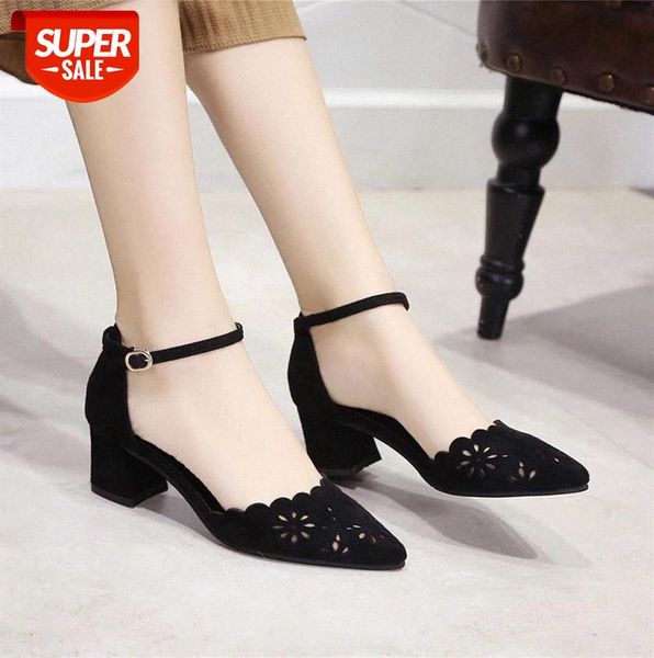 

spring and summer new korean version of fashion pointed cut-out flower heel sandals single shoes #lj8o, Black