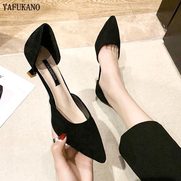 

dress shoes 5cm simple fashion high heels 2021 brand thin pointed toe middle hollow black flock women lady elegant pumps