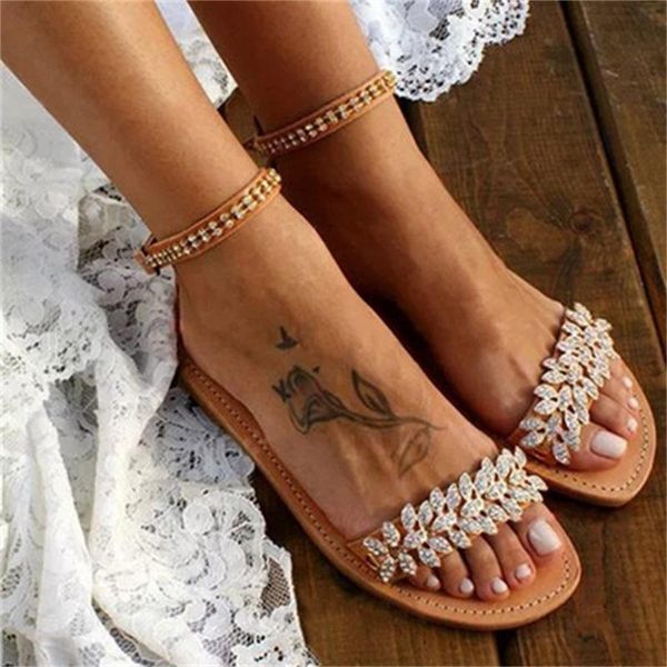 

sandals women's flat bottom rhinestone open toe 2021 summer european and american style foreign trade metal fashion, Black