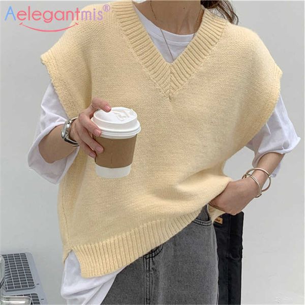 

aelegantmis korean fashion cute vintage women knitted v neck sweater vest kawaii spring color sleeveless knit vintage 210607, Black;white