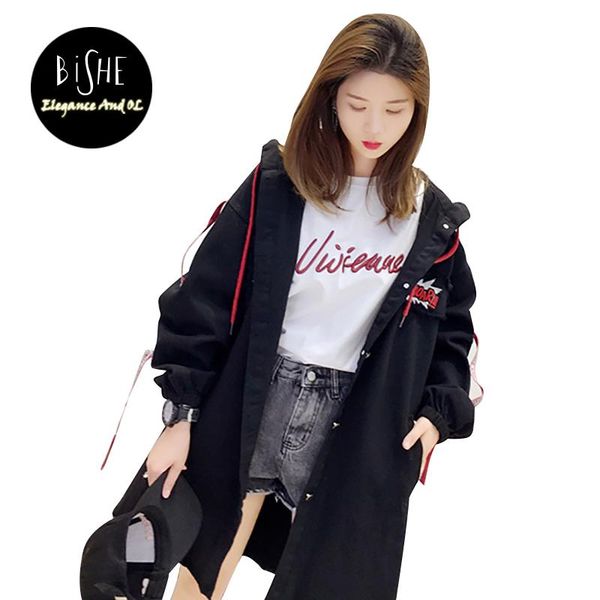 

women's trench coats bishe 2021 autumn winter lapel printed split joint loose long big size denim jacket cardigan lace up women coat fa, Tan;black