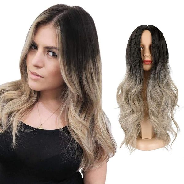 

synthetic wigs shangzi blonde wig ombre brown long middle part hair daily natural wavy heat resistant fiber for women, Black