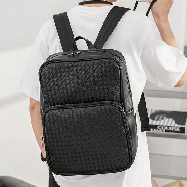 

design weaving leather backpack fashion business men lager capacity backbag male lapdaypack mochila hombre