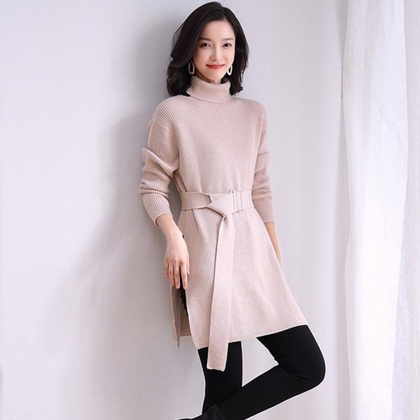 

women's sweaters women vintage stylish korean long style knitted side split sweater winter turtleneck loose warm thick sashes 2021, White;black