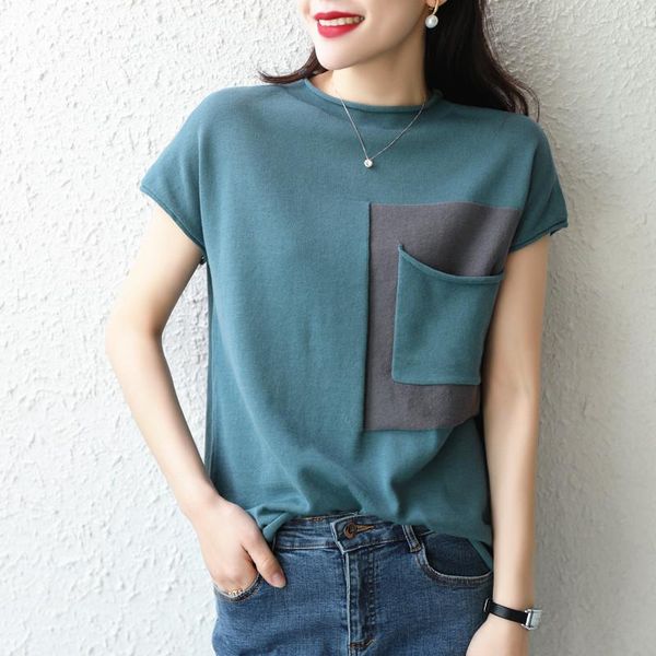 

women's t-shirt lafarvie cotton oversized t shirt women 2021 fashion ropa verano mujer o neck short sleeve pocket patchwork casual knit, White