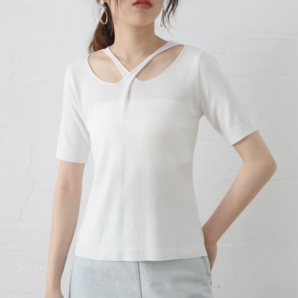 

women's sweaters 2021 summer design linen round collar pleasantly cool knitted shirt fine yarn good ventilation high-quality pullover, White;black