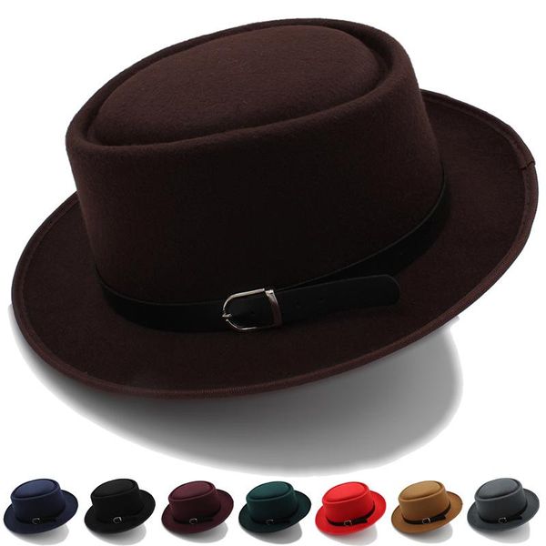 

wide brim hats men's hat women's british jazz autumn and winter stage performance woolen street flat simple belt felt, Blue;gray