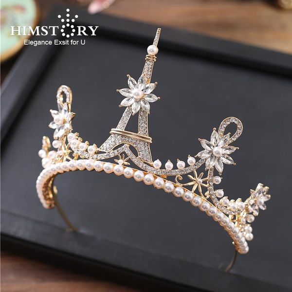 

hair clips & barrettes himstory shinny clear crystal bride wedding accessories crown rhinestones eiffel tower pearl tiara headdress jewelry, Golden;silver