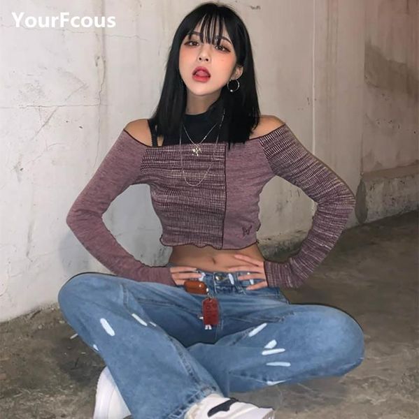 

women's t-shirt harajuku korean kpop butterfly embroidery y2k goth t shirt slash neck long sleeve crop women, White