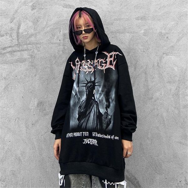

women's hoodies & sweatshirts spring autumn retro devil print hip hop pullover loose hoodie dark black hooded trend high street style