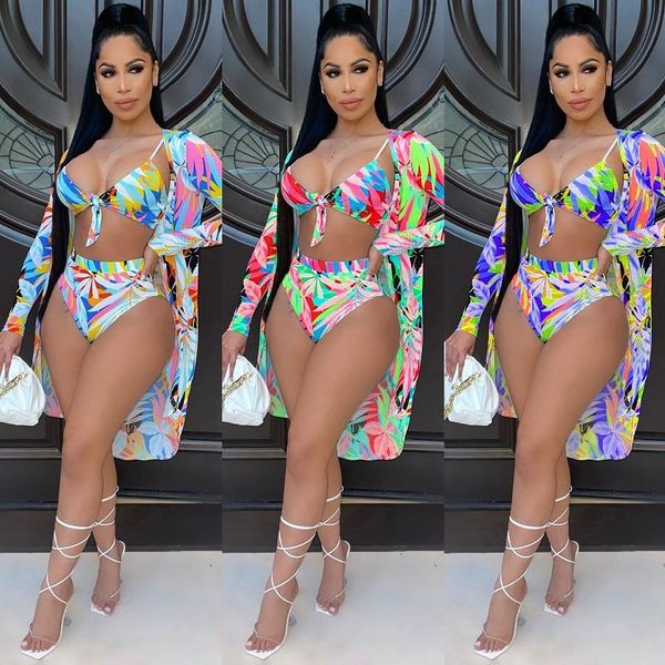 

colorful printed 3pcs/set beachwear women high waist bikini+long sleeve cover-ups swimwear cover up set women's, Black;white